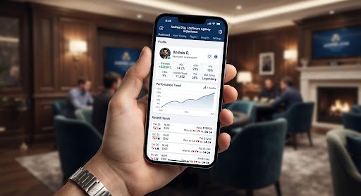 Interfaz de la app PokerBuddy mostrando estadísticas y perfiles de jugadores